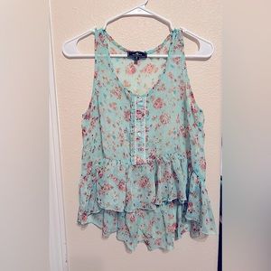 Iris Basic Mint and Pink Floral Ruffle Crop Top